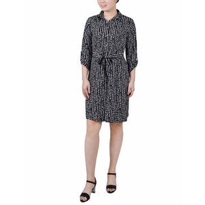 NY COLLECTION Petite 3/4-Sleeve Black and White Printed Shirt Dress NWT